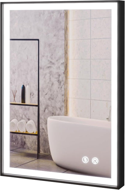 Fab Glass and Mirror LED Lighted Bathroom Mirror 30 x 40 Inch, Black Framed Wall Mounted Dimmable Vanity Mirror, Anti-Fog Touch Sensor, Adjustable Color Warm/White/Natural