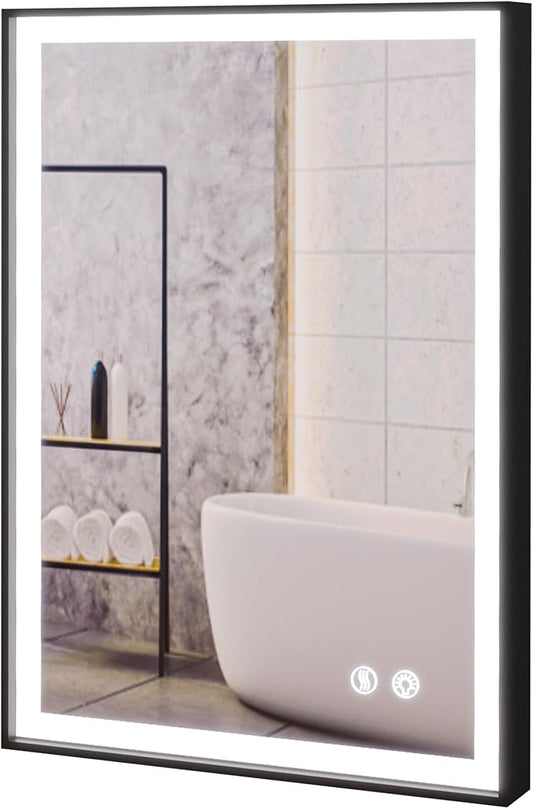 Fab Glass and Mirror LED Lighted Bathroom Mirror 30 x 40 Inch, Black Framed Wall Mounted Dimmable Vanity Mirror, Anti-Fog Touch Sensor, Adjustable Color Warm/White/Natural