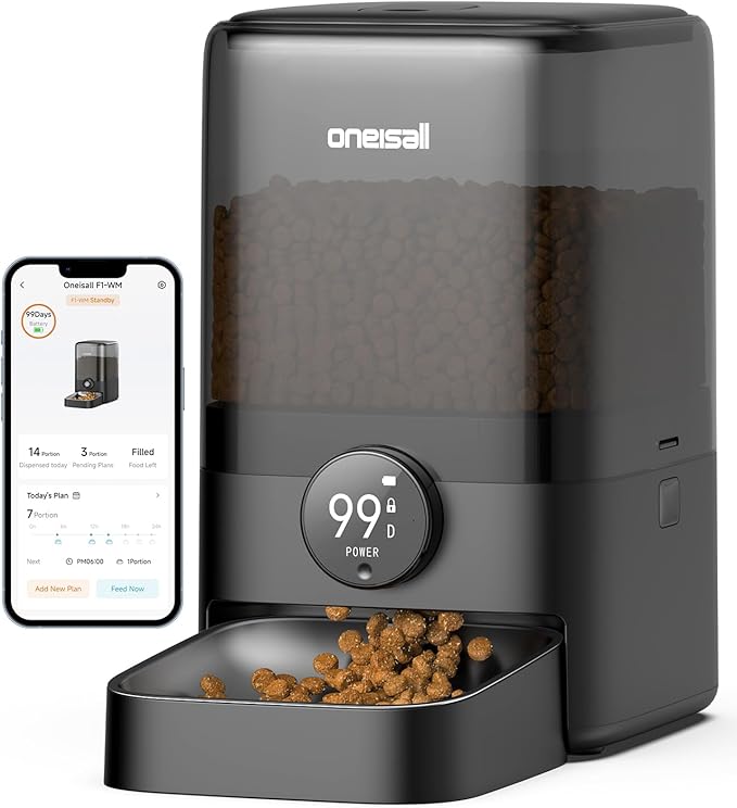 oneisall Cordless WiFi Automatic Cat Feeder, Rechargeable 100-Day Battery Operated Pet Feeder, 20 Cups/5L Timed Cat Food Dispenser for Large Kibble, Smart App Control (Black)-Mewly Pet