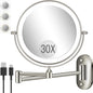 30X/1X Wall Mounted Lighted Makeup Mirror, 8'' Double Sided Rechargeable Magnifying Bathroom Mirror with Light, 3 Color Lights Touch Dimmable Extended Arm 360 Rotation Light up Mirrors
