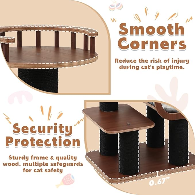 70.9'' Black Cat Tree for Indoor Cats Large Adult, Heavy Duty Cat Tower with Scratching Post, Modern Kitty Tree with Removable Mats, Semi-closed Condo and Transparent Bowl, Wooden Luxury Cat Furniture-Mewly Pet