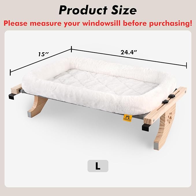 AMOSIJOY Cat Sill Window Perch Sturdy Hammock Seat with Cushion Bed Cover, Wood & Metal Frame for Large Cats, Easy to Adjust Windowsill, Bedside, Drawer and Cabinet (L)-Mewly Pet