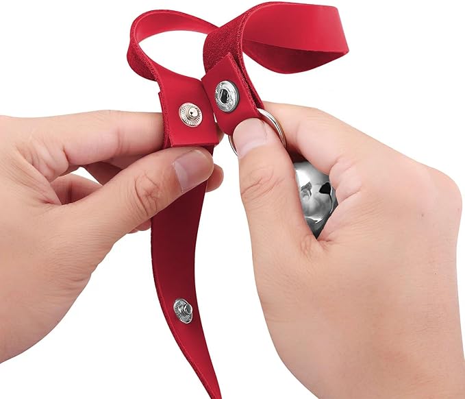 Leather Dog Doorbells for Door Knob/Potty Training/Go Outside, Length Adjustment Copper Dog Bell, Housetraining Hanging Bell, Red Leather Silver Bells.-Mewly Pet