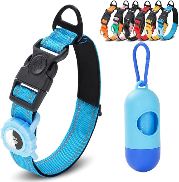 JSXD AirTag Dog Collar, Night Reflective Nylon Dog Collar for Small Medium Large Dogs,Lockable Quick Release Buckle,Padded Breathable Pet Collar with AirTag Holder (Blue, Small)-Mewly Pet
