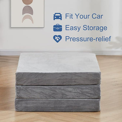 SINWEEK 4" Queen Folding Mattress with Storage Bag - Foldable Trifold Floor Bed Topper, CertiPUR-US Certified Guest Sleeping Pad, Machine Washable Cover & Waterproof Inner Lining