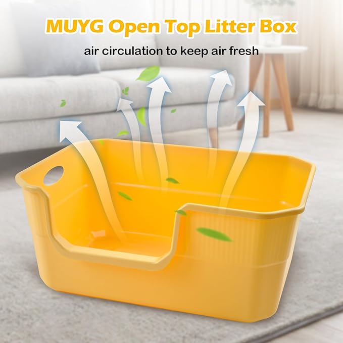 Large Low Entry Litter Box with High Sides,Plastic Cat Litter Pan Open Top Anti-Splashing Kitten Litter Box,Yellow Low Entrance Cat Toilet Easy to Clean-Mewly Pet