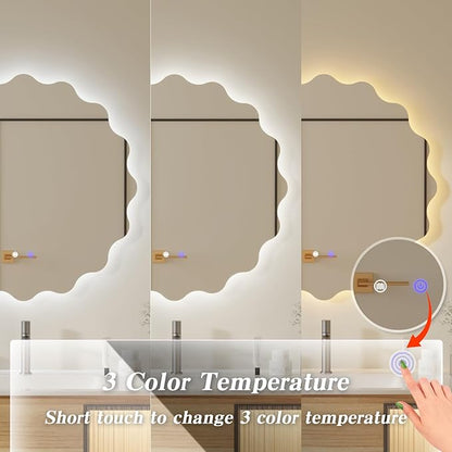 QDSSDECO Irregular LED Bathroom Mirror with Lights,Asymmetrical Led Bathroom Vanity Mirror for Wall with Front and Backlit, Anti Fog, 3 Colors and Dimmable Light, 23" x 23"