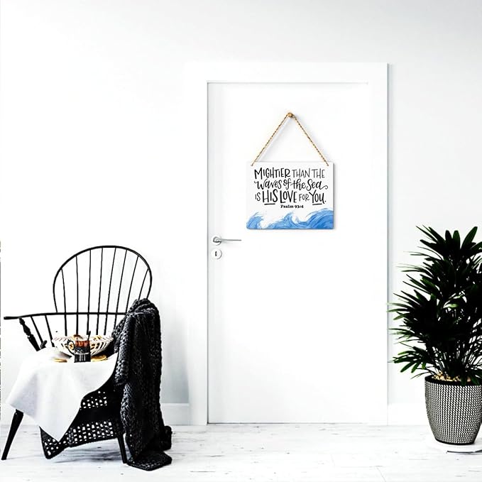 Inspirational Nautical Decor Mightier Than The Waves of The Sea Psalm 93:4 Scripture Wooden Hanging Sign Christian Gift for Baby Kids Girl Boy Nursery Teen Room Bible Verse Wall Art 10 x 8 Inches