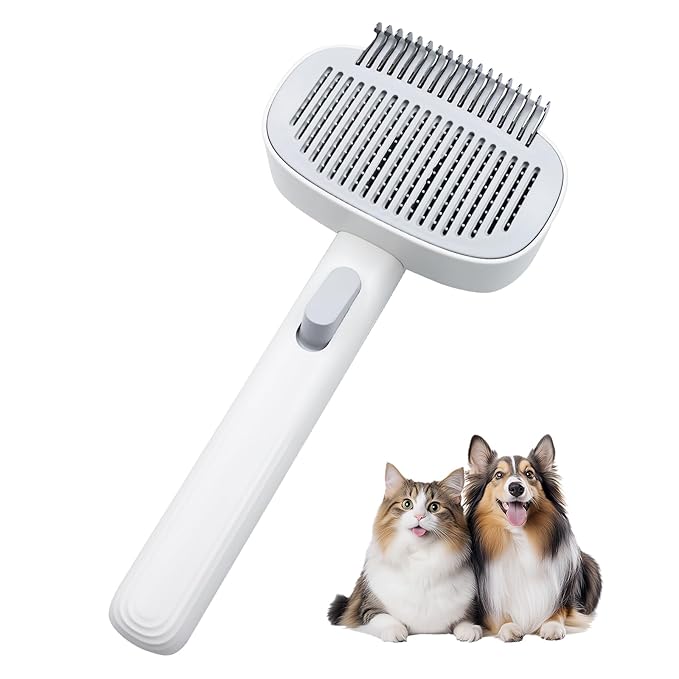 TemApex 2-in-1 Self Cleaning Shedding Brush & Dematting Comb for Long Haired Cats and Dogs, Pet Grooming Deshedding Brush for Dog and Cat Removes Loose Fur & Tangles-Mewly Pet
