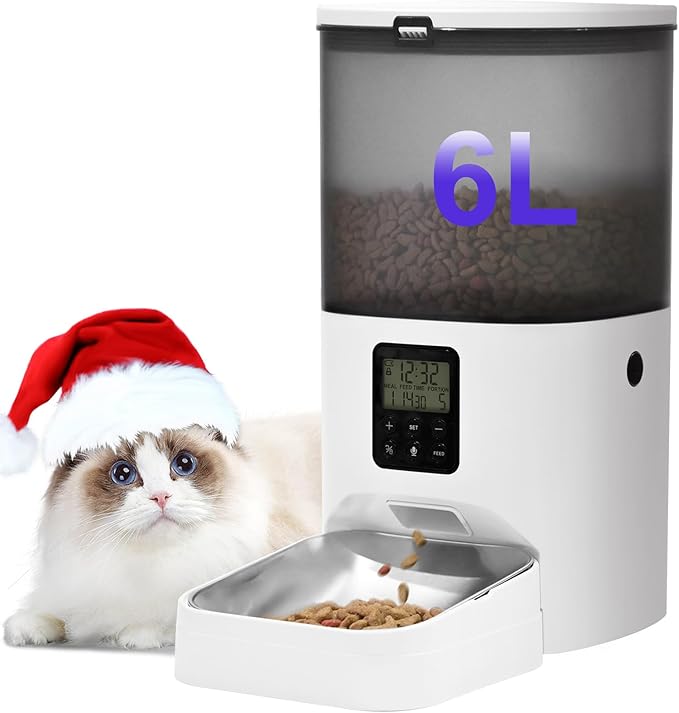 Automatic Cat Feeder, 6L Cat Food Dispenser with 10s Voice Recorder, Pet Feeder up to 8 Meals per Day, Timed Feeder with Dry Food Sealed Ring (Jade White, 6L)-Mewly Pet