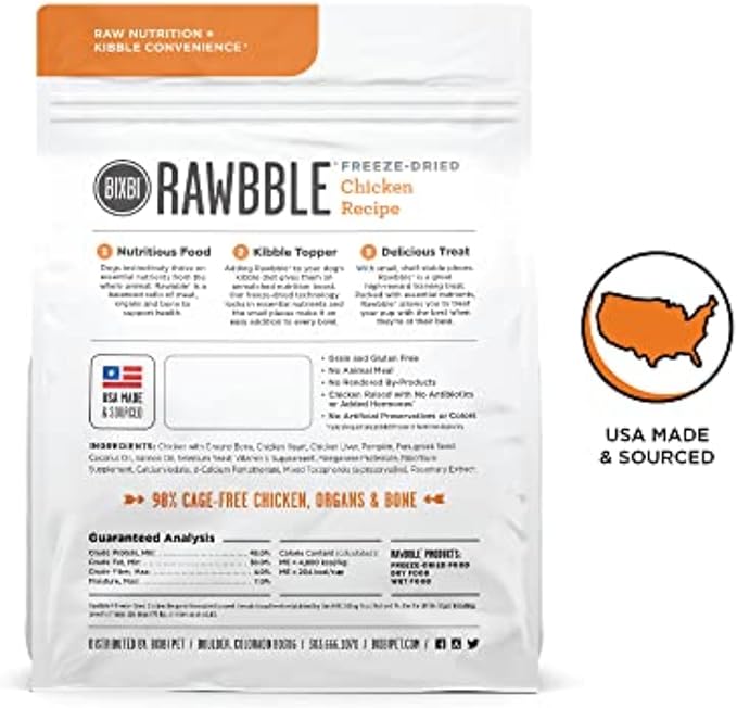 BIXBI Rawbble Freeze Dried Dog Food, Chicken Recipe, 4.5 oz - 98% Meat and Organs, No Fillers - Pantry-Friendly Raw Dog Food for Meal, Treat or Food Topper - USA Made in Small Batches-Mewly Pet