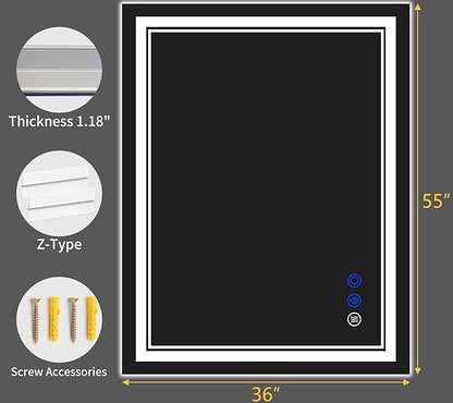 55"x36" LED Bathroom Mirror with Anti-Fog, Stepless Dimmable Lights, 3 Color Modes, Shatter-Proof Tempered Glass, Memory Function & Waterproof Design
