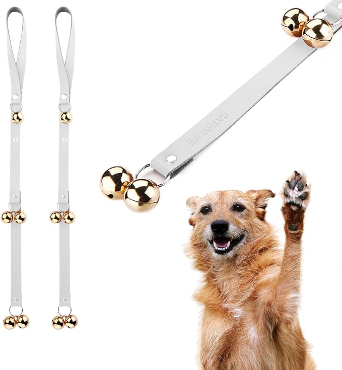 Leather Dog Doorbells for Door Knob/Potty Training/Go Outside, Length Adjustment Copper Dog Bell, Housetraining Hanging Bell, White Leather Golden Bells - 2 Pack.-Mewly Pet