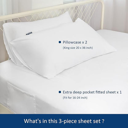 Extra Deep Pocket Air Mattress King Sheet Set - 3Pcs Side Storage Pocket Fitted Sheet & Pillowcase King Size Deep Pocket Sheet Set Easily Fits 16in to 24in Pillow Top Air Bed Mattress-White