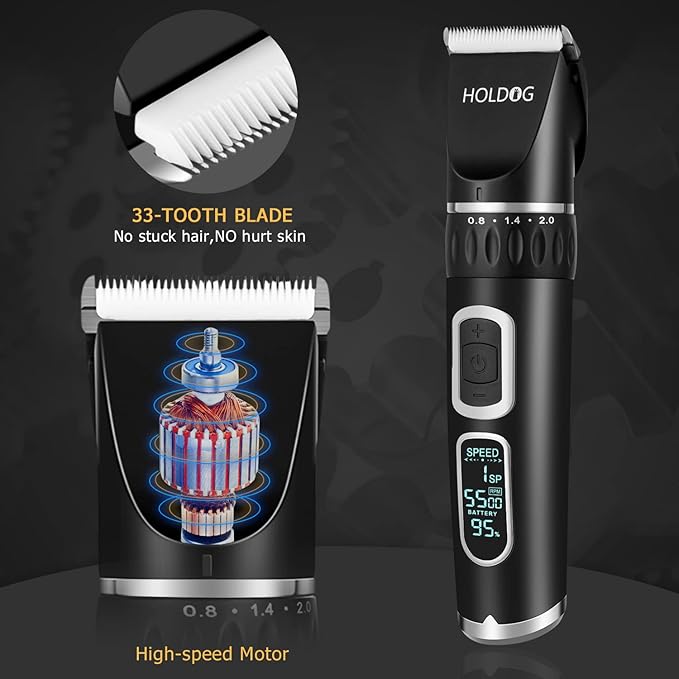 Dog Clippers Professional Heavy Duty Dog Grooming Clipper 3-Speed Low Noise High Power Rechargeable Cordless Pet Grooming Tools for Small & Large Dogs Cats Pets with Thick & Heavy Coats-Mewly Pet