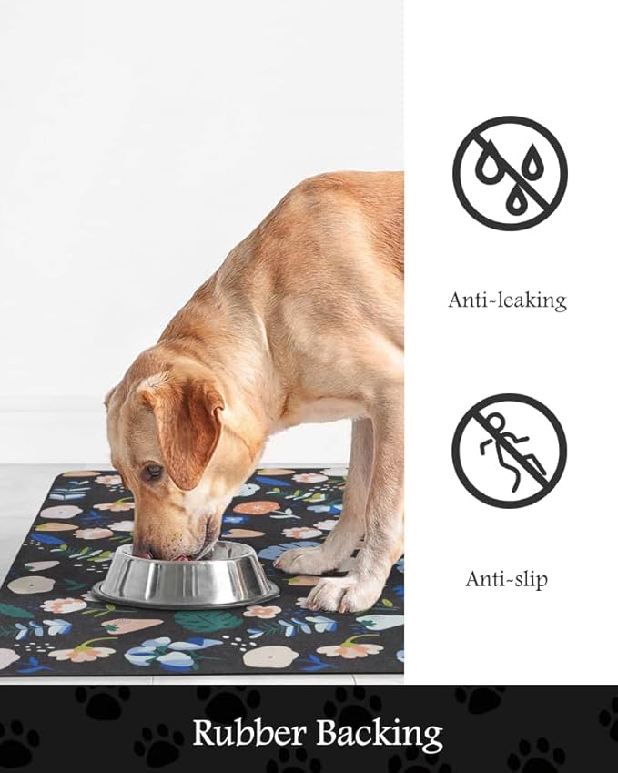 Pet Feeding Mat-Absorbent Dog Mat for Food and Water Bowl-No Stains Quick Dry Water Dispenser Mat-Dog Accessories Pet Supplies-Bowl for Messy Drinkers（DARKFLOWERS,16"x24"-Mewly Pet