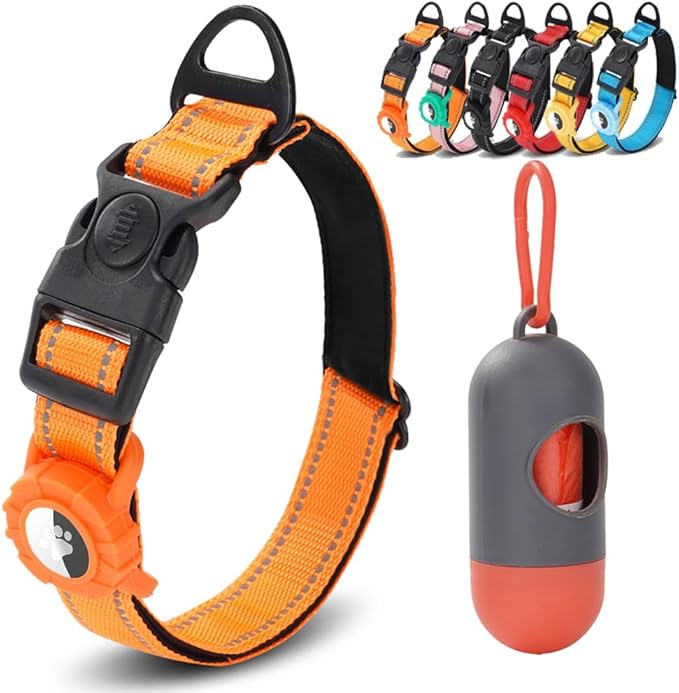 JSXD AirTag Dog Collar, Night Reflective Nylon Dog Collar for Small Medium Large Dogs,Lockable Quick Release Buckle,Padded Breathable Pet Collar with AirTag Holder (Orange, Large)-Mewly Pet