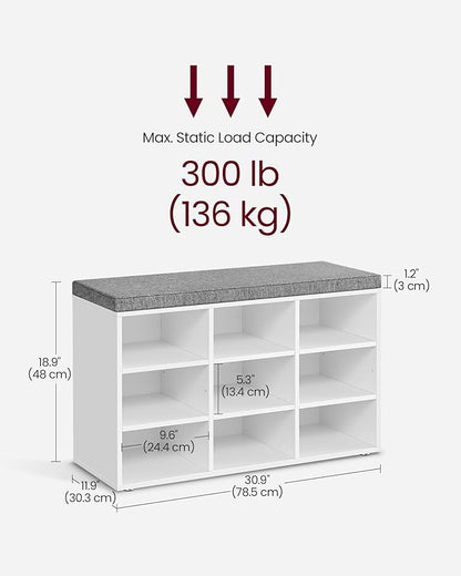 VASAGLE CUSTOS Collection - Shoe Bench, Storage Bench with Padded Seat, Entryway Bench with 9 Compartments, for Bedroom, 11.9 x 30.9 x 18.9 Inches, Cloud White and Dove Gray ULHS009W14