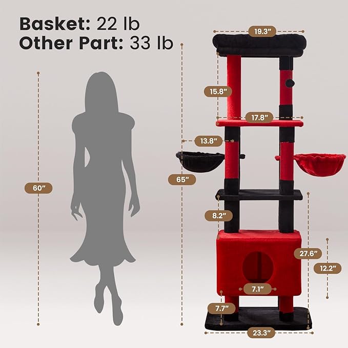 Gardner Pet 65in Heavy Duty Cat Tree Tower for Large Cats, Multi-Level Cat Furniture with Replaceable Sisal Scratching Post, Hammock | Extra-Large Platform & Condo (Black Red, Basic φ:2.84")-Mewly Pet