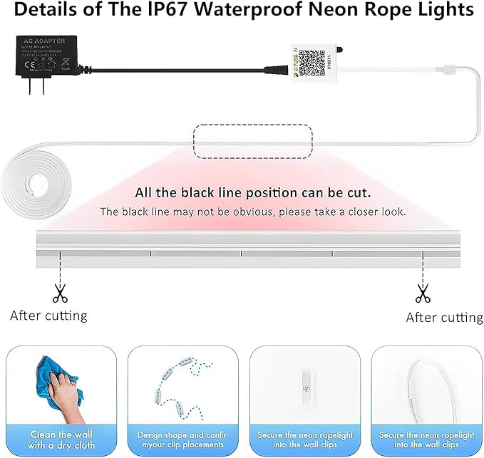Neon Rope Lights, 19.68FT RGB Led Strip Lights, Waterproof IP67, DIY Design, Music Sync, 24 Keys Remote Control, Multiple Modes, for Living Room, Bedroom, Holiday Decoration