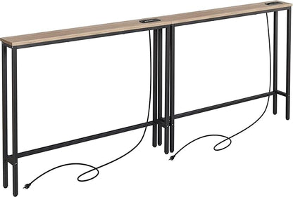 ELYKEN 2 Pack 5.9" Narrow Console Sofa Table with Power Outlets, 5.9" Dx39.4 Wx31.1 H Long Couch Table with Metal Frame and Charge Station with 6.5’ Extension Cord, White Oak