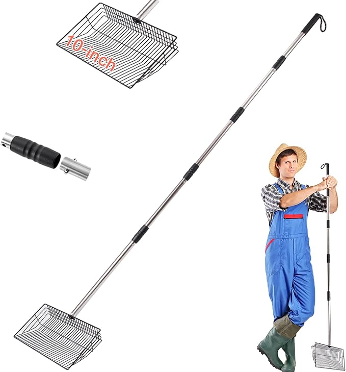 Chicken Poop Scooper 67 inch Adjustable Coop Scooper with 10 inch Metal Sieve for Fast Cleaning, Multi-Purpose Litter Tool for Chicken Coops, Barns & Pet Waste-Mewly Pet