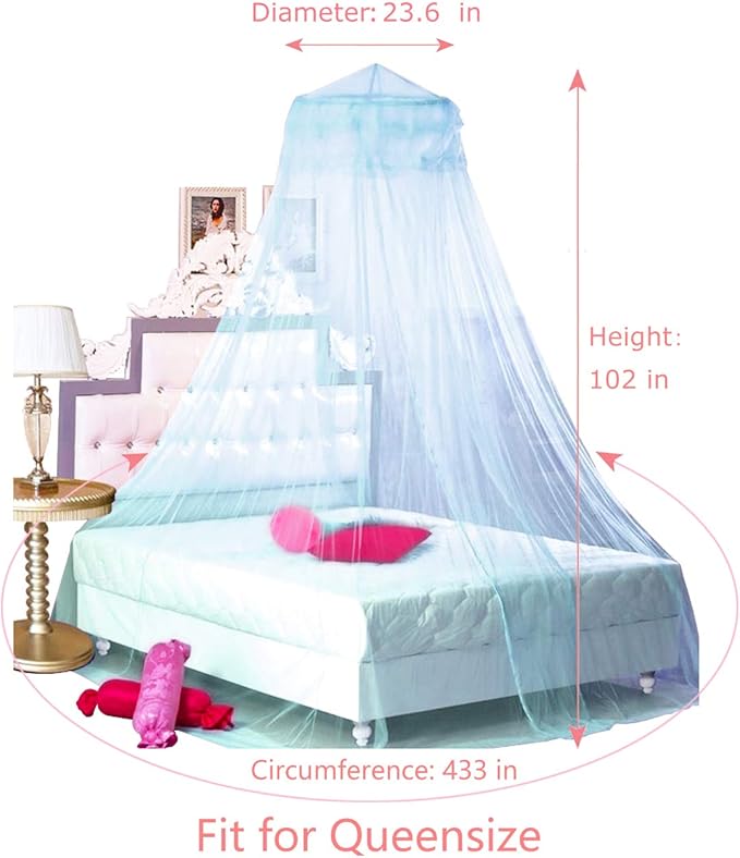 BCBYou Princess Bed Canopy Netting Mosquito Net Round Lace Dome for Twin Full and Queen Size Beds Crib with Jumbo Swag Hook (Light Blue)