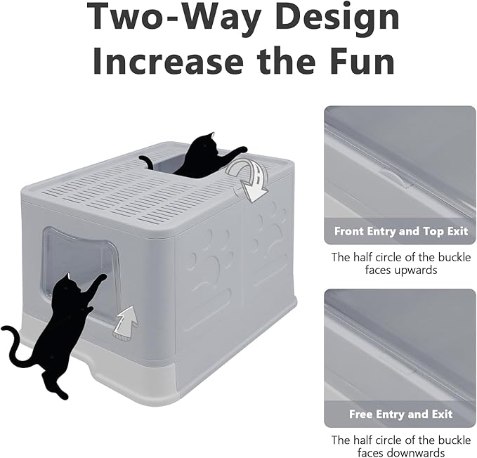 XL Foldable Cat Litter Box with Lid - Jumbo Enclosed Potty - Top Entry Anti-Splashing Toilet - Includes Scoop & 2-in-1 Cleaning Brush (Grey)-Mewly Pet