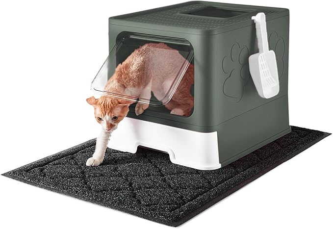 Cat Litter Box with X-Large Litter Mat and Scoop, Large Foldable Litter Box with Lid, Enclosed Kitty Box,Front Top Entry Exit, Odor Control Easy to Clean (Upgrade Olive Green)-Mewly Pet