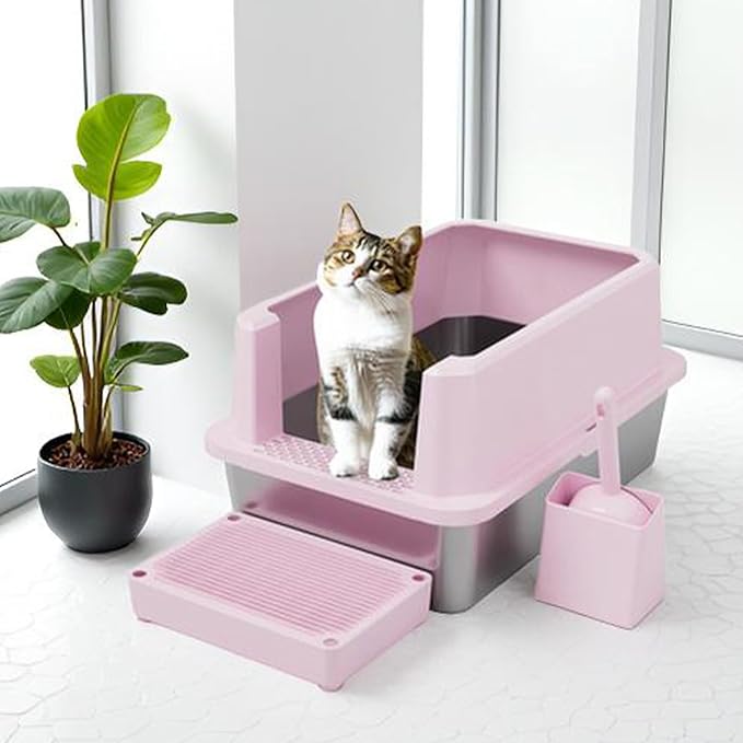 RIZZARI Stainless Steel Cat Litter Box, Semi-Closed Litter Box with High Edges, Large Odorless Litter Pan with for Small to Large Cats (Pink with Deodorizer, 2 Pack)-Mewly Pet