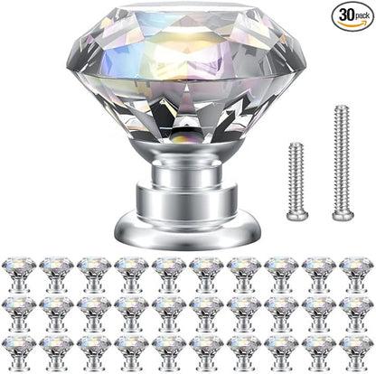 POZEAN Crystal Cabinet Knobs 30Pack, 1.18inch Dresser Knobs for Cabinet, Drawer with Two Different Sizes Screws, Diamond Glass Pulls Handles (30mm, 30Pack, Clear-Silver)