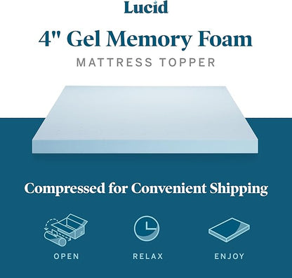 LUCID 4 Inch Gel Memory Foam Mattress Topper-Ventilated Design-Ultra Plush-Twin