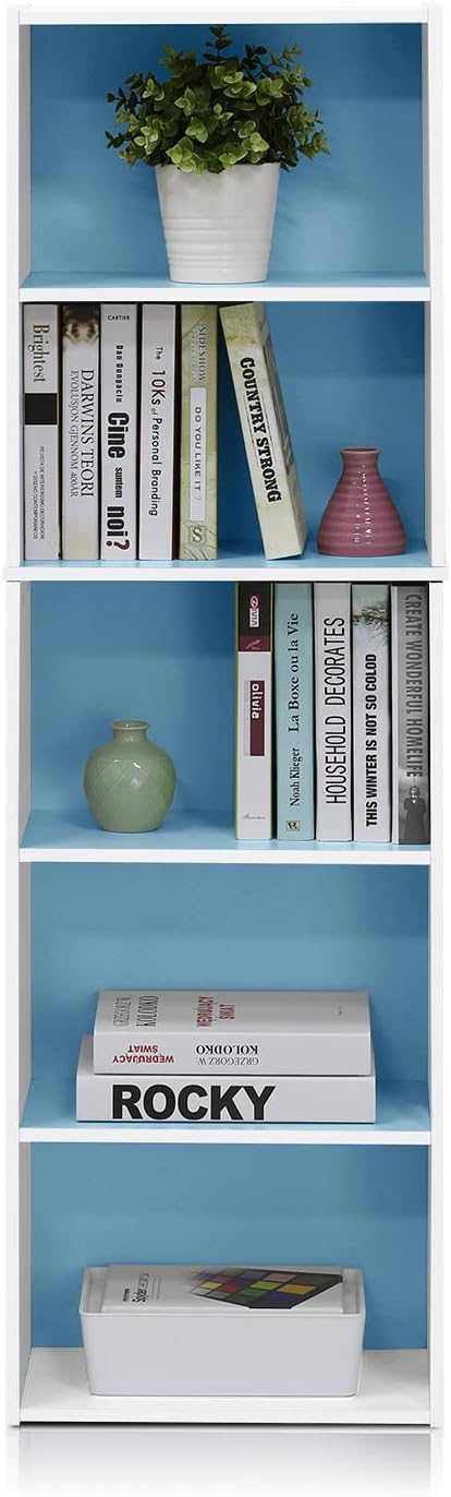 Furinno LUDER Book Shelf, 5-Tier Bookshelf, Bookcase, 9.4" x 15.8" x 52", for Living Room, Bedroom, Home Office, White/Light Blue