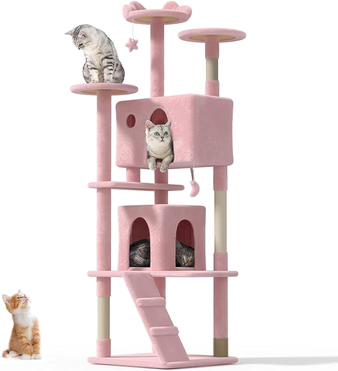 77'' Cat Tree Tower for Indoor Cats Large Adult, Cute/Tall Modern Cat Tree for Big Cats 20 lbs, Plush Multi-Level Cat Condo with Scratching Posts,Dangling Ball (Soft Pink, 77 inch)-Mewly Pet