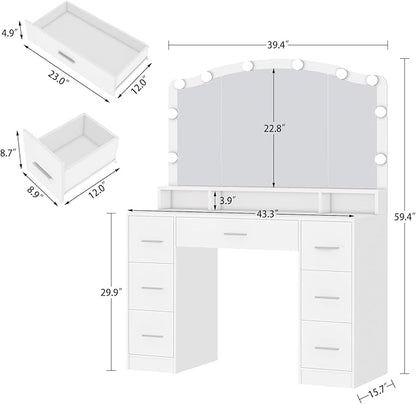 usikey 43.3" Vanity Desk with Large Lighted Mirror, Makeup Vanity Table with 7 Drawers & 10 Lights Bulbs, 3 Lighting Colors, Make Vanity Desk, Vanity Table for Women Girls, White