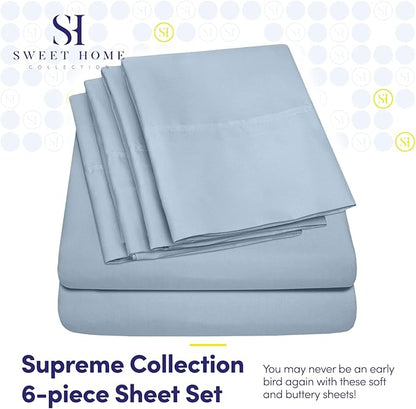 Queen Sheets Blue Misty - 6 Piece 1500 Supreme Deluxe Collection Deep Pocket Ultra Soft Queen Sheet Set Bedding - 2 Extra Pillow Cases, Great Value, Queen, Blue Misty