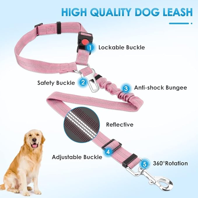 SlowTon Dog Seat Belt for Car, 2 Pack Dog Car Harness Seatbelt Adjustable with Elastic Bungee Buffer, 2 in 1 Pet Car Leash Headrest Restraint Dog Reflective Safety Tether (Pink, Headrest+Clip)-Mewly Pet