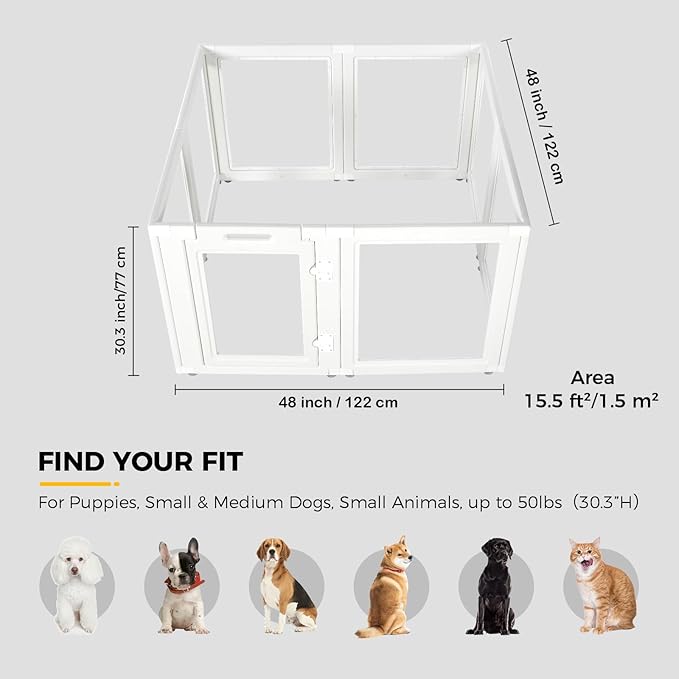 Clear Acrylic Plastic Dog Playpen - Clear Dog Play Pen - Easy Assemble Acrylic Dog Playpen - Puppy Playpen, Cat Playpen, Small Animal Playpen, Dog Play Pen Indoors (White, 30.3" H, 8PCS)-Mewly Pet