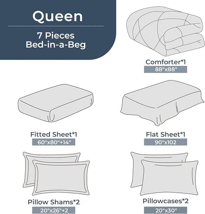 HEVUMYI Queen Comforter Set - 7-Piece All Season Bed in a Bag Queen, Ultra Soft Bedding Set with Comforter, Flat Sheet, Fitted Sheet, Pillowcases, Pillow Shams, Greyish Blue