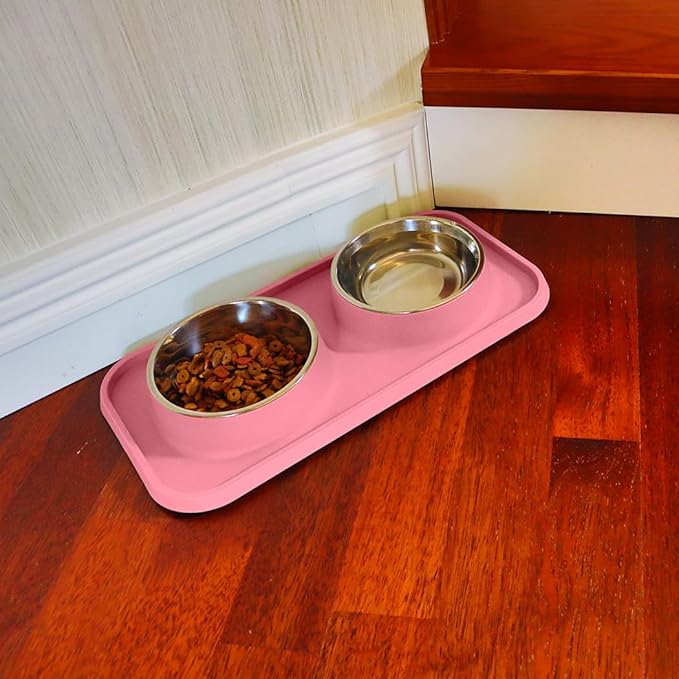Cat Food Bowls, Cat Bowls Non-Skid and Non-Spill Silicone Pads with PP Stand, Removable Stainless Steel Food and Water Dishes for Cats, Small Size Dogs-Mewly Pet