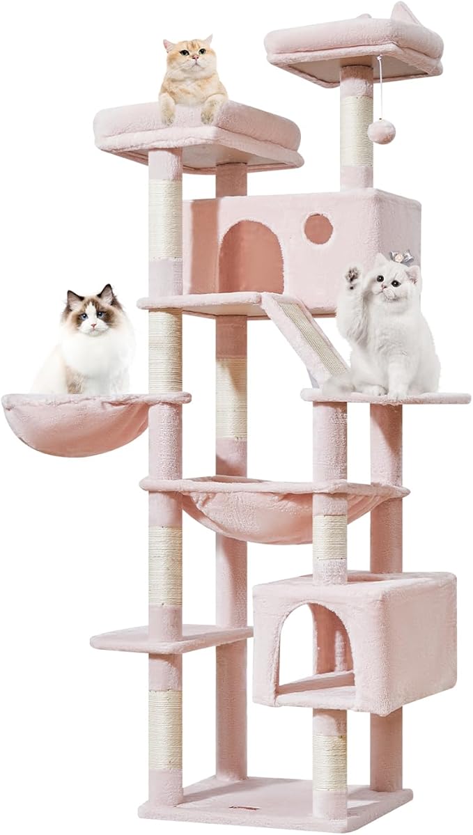 Taoqimiao Cat Tree 71-Inch, Cat Tower for Indoor Cats Large Adult, Multi-Level Large Cat Condo, 8 Sisal Scratching Posts, Metal Frame Cozy Hammock, Scratch Board, 2 Top Perches, Jelly Pink MS026LP-Mewly Pet