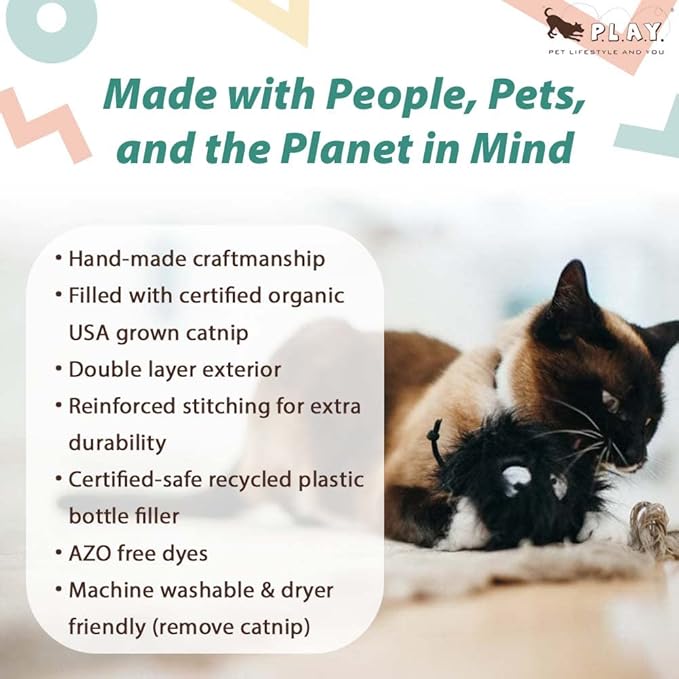 P.L.A.Y. Cute Plush Cat Toys - Feline Frenzy Animal Critter Themed Catnip Filled Toy, Great for Adult Cats and Kittens - Machine Washable, Recycled Materials, Crinkles, Rope Knots (Frisky Furball)-Mewly Pet