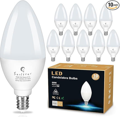 Sailstar Candelabra Light Bulbs 60 Watt Equivalent, 5000K Daylight, 5W E12 Small Base Type B LED Bulbs, 500 Lumens, Chandelier Ceiling Fan Light Bulbs, CRI 85, Non-dimmable, Pack of 10