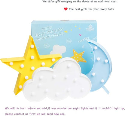 3PCS Decorative LED Crescent Moon Cloud and Star Night Lights Lamps Marquee Signs Letters for Baby Nursery Decorations Gifts for Children (Moon Cloud and Star)