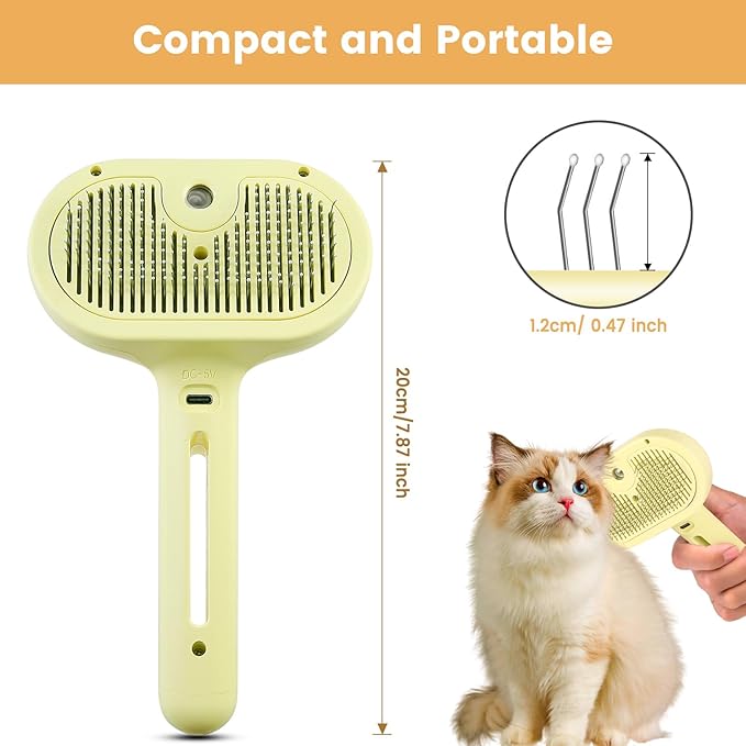 3 in 1 Cat Steam Brush, Pet Spray Hair Removal Comb for Shedding & Grooming, Water Brush for Cats Dogs Small Animals Long Short Haired with One-Click Release Button(Yellow)-Mewly Pet