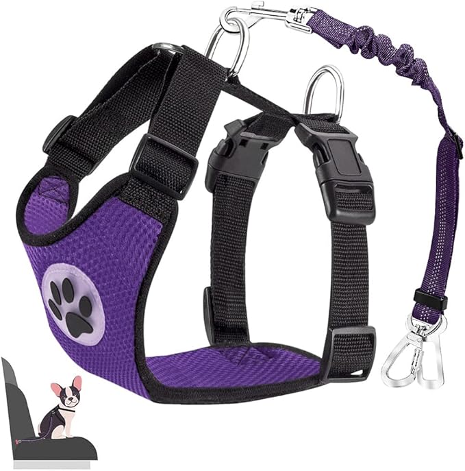 Lukovee Dog Seat Belt for Car, Adjustable Dog Car Harness for Large Medium Small Dogs, Soft Padded & Breathable Mesh Dog Seatbelt with Car Strap and Carabiner(Purple Double Clip,XXX-Small)-Mewly Pet