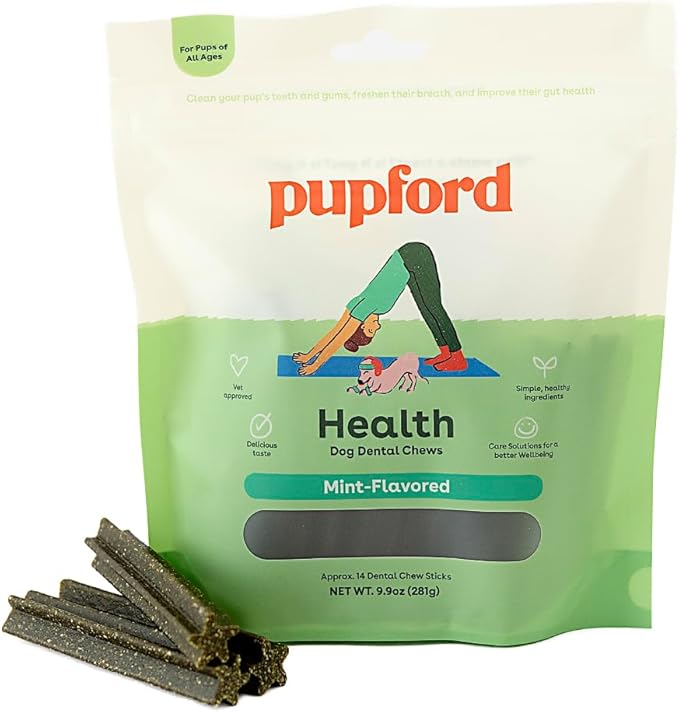 Pupford Dental Chews for Dogs, All-Natural 4-Inch Sticks for Plaque, Tartar & Bad Breath, Grooved Texture, Limited Ingredients, Made in USA (14 Count)-Mewly Pet