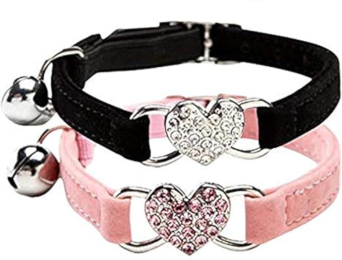 CHUKCHI Pink Soft Velvet Safe Cat Adjustable Collar with Crystal Heart Charm and Bells 8-11 Inches(Black+Pink)-Mewly Pet