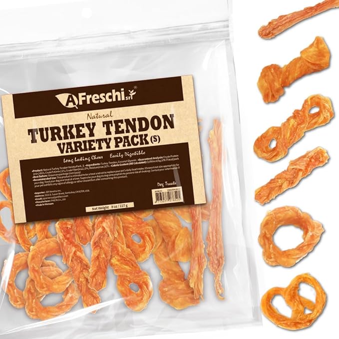 Afreschi Turkey Tendon Variety Pack (S) 8 oz, USA-Sourced Turkey Tendon, All Natural Puppy Chew, Hypoallergenic, Rawhide Alternative-Mewly Pet