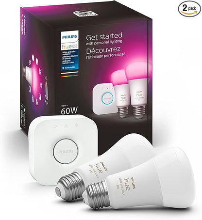 Philips Hue Smart Light Bulbs Starter Kit, Includes (1) Bridge, (2) 60W A19 Bulbs, White and Color Ambiance LED Color Changing Lights, 800LM, E26, Control with App or Voice Assistant